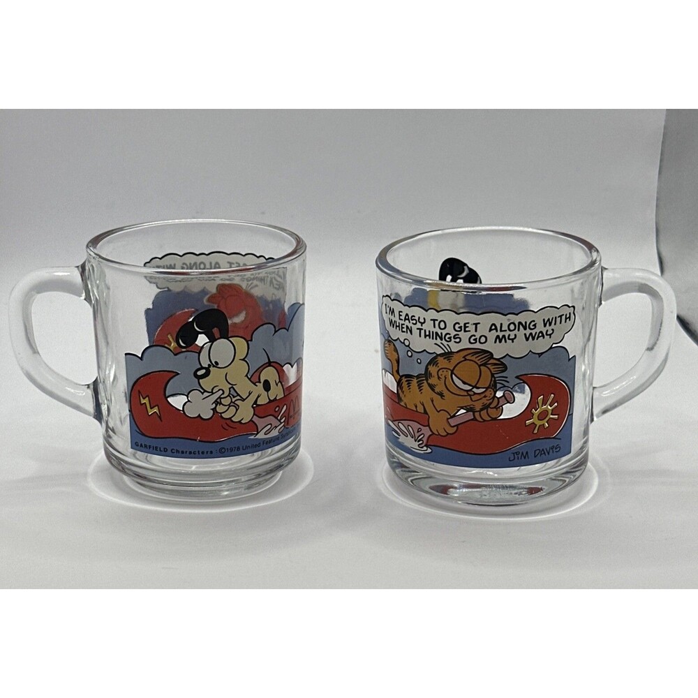 Vintage Garfield 2 Glass Coffee Mugs McDonalds 1978 Clear Glass